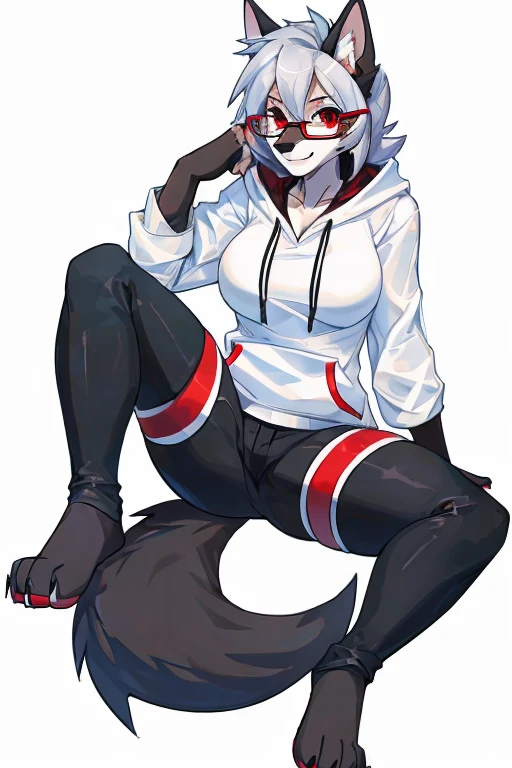 anthropomorphic, female, red eyes, silver hair, wolf, hellhound, (((1girl))), (((white shirt))), (black pants), (red zip up hoodie), (black toeless thigh high socks), full body, cute and sexy, black fur, white underbelly, long legs, smiling, (glasses), big breasts