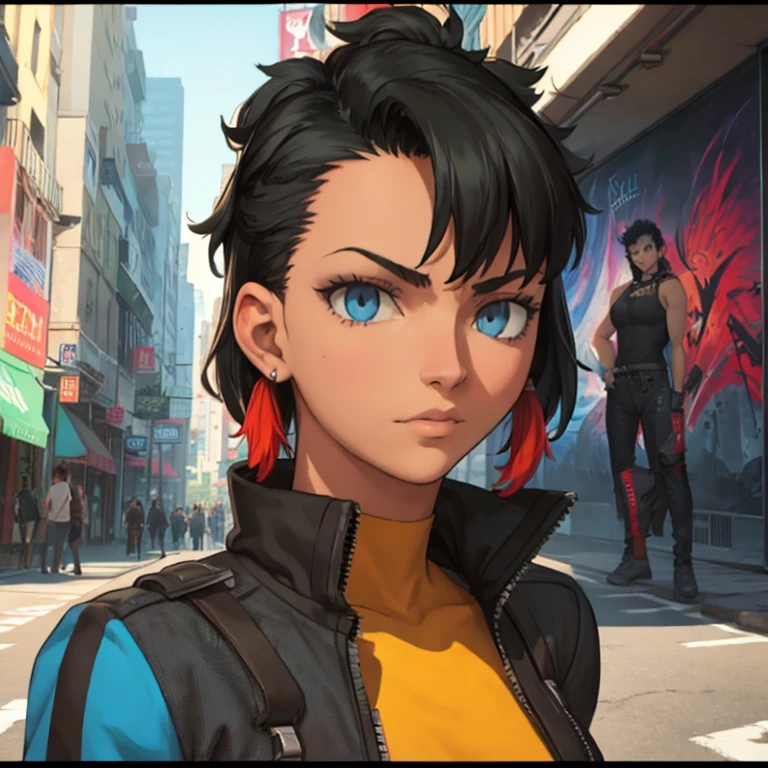 (best quality,4k,8k,highres,masterpiece:1.2),ultra-detailed,realistic,portrait,black hair,beautiful detailed eyes,beautiful detailed lips,dark-skinned,stylish outfit,serious expression,confident posture,hands in pockets,dynamic lighting,subtle shadows,vibrant colors,artistic brushwork,modern style,cool tones,cityscape background,concrete buildings,graffiti-covered walls,streets bustling with activity,expressive brushstrokes,urban atmosphere