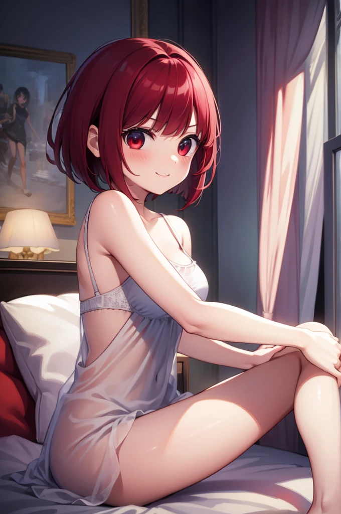 (Highest image quality:1.1), (masterpiece:1.4), (Disorganized:1.0), portrait, Close-up, 1girl Makanai available、Includes makana、bob cut、(red eye:1.5)、redhead、short hair、BREAK bedroom、(blush:1.2)、BREAK while looking at the audience seats、Muscle growth、wrapping、sexy pose、Bewitching legs、solo、medium breasts、Light nightgown, transparent underwear, Charming, audience,, smile, solo, Lying down or