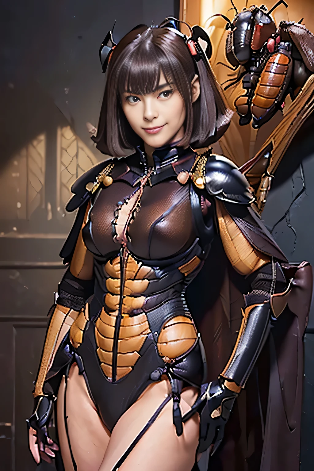 (High resolution,masterpiece,highest quality,Very detailed CG, anime, official art:1.4), realistic, photograph, amazing detail, all complicated, luster and luster,great many layers, 8k wallpaper, 3D, sketch, cute, figure,( alone:1.4), perfect female proportions,villain&#39;s daughter, (Fusion of dark brown cockroach and lady:1.4), (brown cockroach form lady:1.2), (brown cockroach woman:1.2), (Fusion:1.2), (alone:1.4), (evil smile:1.2), muscular, abs, (Cockroach brown exoskeleton bio insect suit:1.4), (Cockroach brown exoskeleton bio insect armor:1.2), (brown transparent cockroach feathers:1.4), (brown cockroach antenna:1.3),