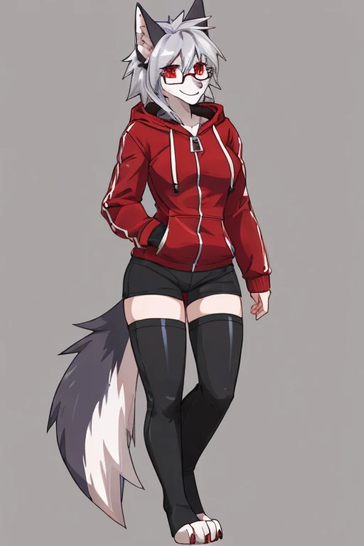 anthropomorphic, female, red eyes, silver hair, wolf, hellhound, (((1girl))), (((white shirt))), (black pants), (red zip up hoodie), (black toeless thigh high socks), full body, cute and sexy, black fur, white underbelly, long legs, smiling, (glasses), big breasts