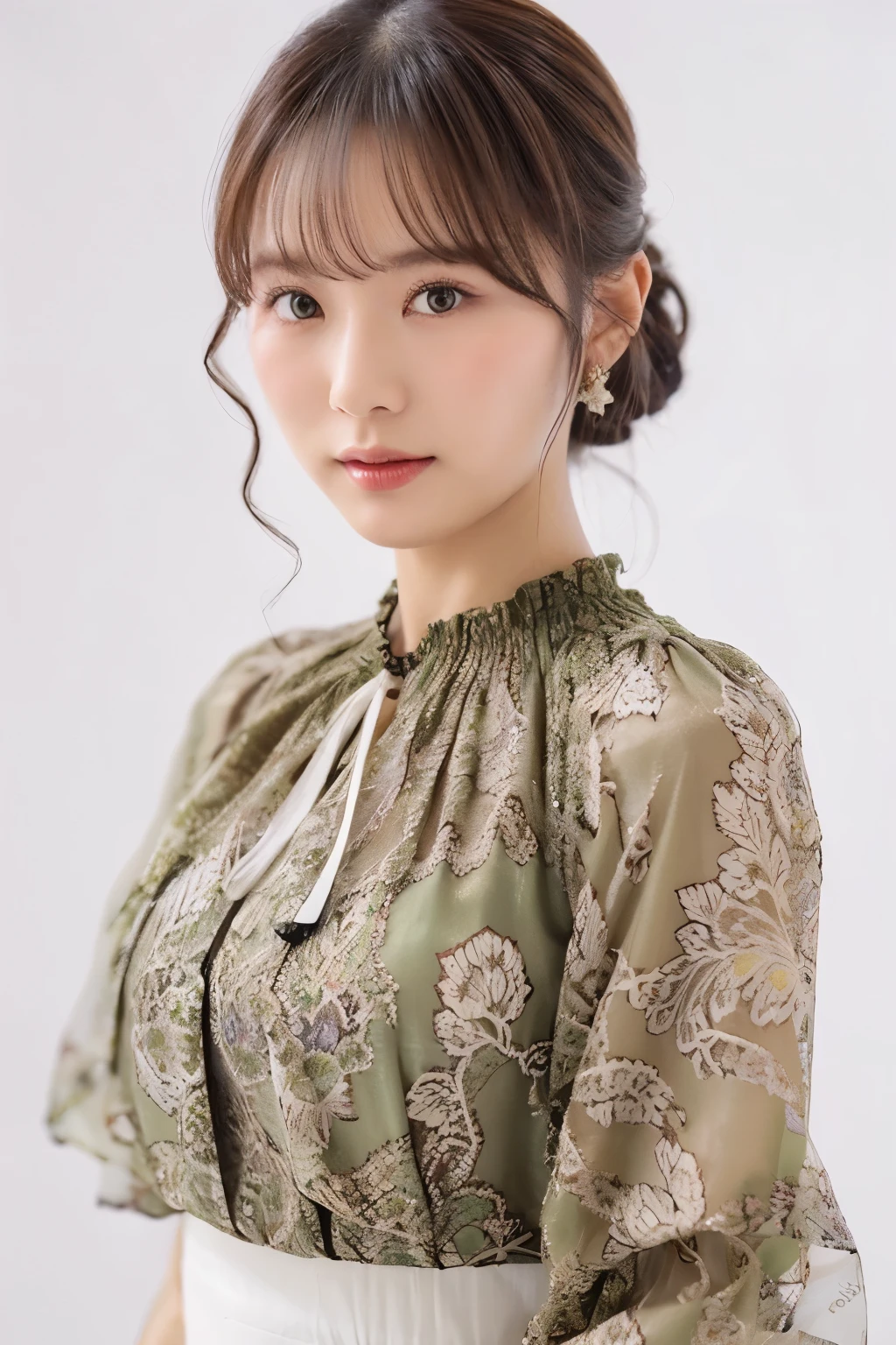 ((Top quality)), one beautiful woman, wearing brocade pattern chiffon blouse,35mm lens, f/1, cowboy shot, (white background: 1.3), camp site,,大きい目,小さい胸、笑顔
