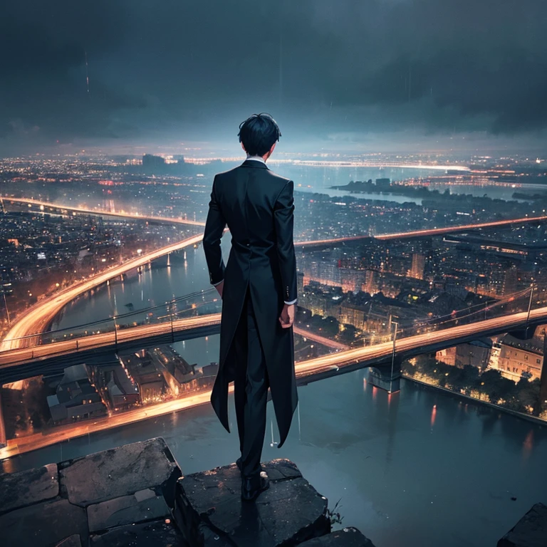 A cool human's back standing from the edge of a high looking to the village, wearing very long suit, dark theme, rainy, blur, moisty
