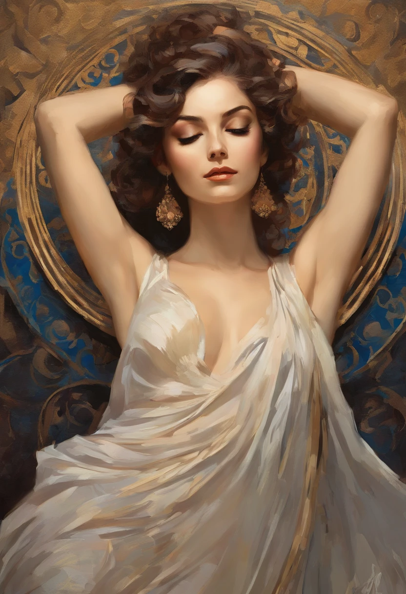 (masterpiece)Overnight outside, candles, floor lamp, romance ,situation in the bedroom on a luxurious bed, 1 naked woman, sitting in a cross-legged yoga pose, (hands on head:1.4), (Straightens hair:0.8), smile, an ethereal and beautiful Hugo Boss model from the 1940s., Beautiful painting with a very detailed face by Alphonse Mucha., Craig Mullins, Greg Rutkowski, Magali Villanueva, (the most beautiful portrait in the world:1.5), (without a bra), (Without clothing:1.6), You can see the body up to the knees, view from waist level, женщина с поднятыми руками над головой Straightens hair, luxurious bedroom and interior
