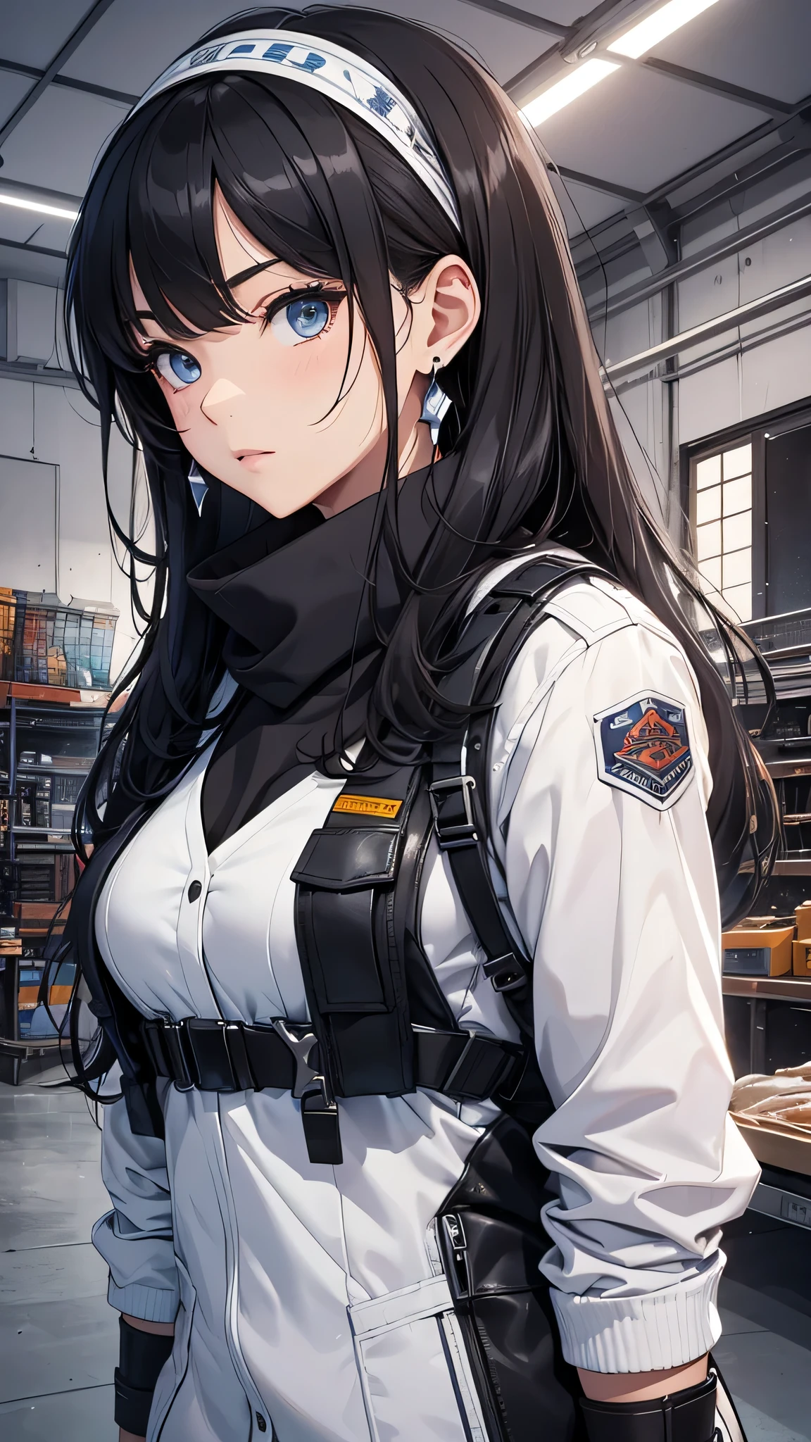 最high quality、best image quality、masterpiece、teenage girl((18-year-old、 By becoming、vest bust、medium bust,wide open breast tea、black eye, black hair、long hair、thin,highest valley、Perforated gloves、blue earrings、bandana、Black workwear、There is a spanner、black spots on face)),high quality、beautiful art、background((fighter jet、workroom、hangar)),debris flies、Depth of written boundary、movie、visual art、perfect art、8K,genuine