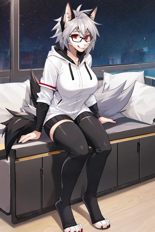 anthropomorphic, female, red eyes, silver hair, wolf, hellhound, (((1girl))), (((white shirt))), (black pants), (red zip up hoodie), (black toeless thigh high socks), full body, cute and sexy, black fur, long legs, smiling, (glasses), big breasts