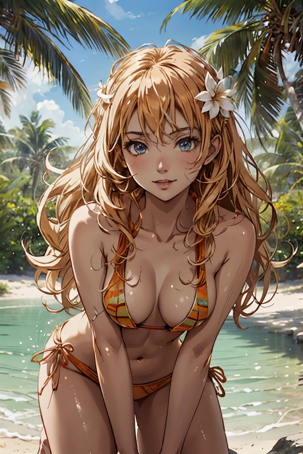 Beautiful Alluring summer taned young island woman, Barely Clothed, patterned mikro bikini, taned skin, athletic body, orange blonde hair, hair ornaments, flowers, at a tropical beach, Beautiful D&D Character Portrait, tropical Fantasy,  tropical theme, Detailed, Digital Art, Extreme Detail, Polished, Beautiful, Hyperdetailed, Intricate, Elaborate, Meticulous, Anime Character, Detailed, Anime Face, Sharp Focus, Unreal Engine, 3d Rendered, Volumetric Lighting, Reflections, Glossy, Digital Illustration, Pose, Suggestive Pose, Full Body Shot, 💖❤💕💋❣