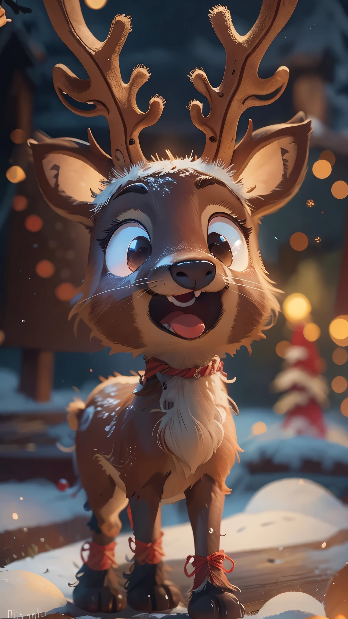 Cute Christmas reindeer,front view,close up, Pixar style, best quality, stills, very cute, big eyes, winter christmas,open mouth,Very happy,high detail,Super details,high quality, masterpiece, precise,