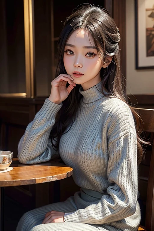 Intricately detailed gongbi painting of a beautiful woman sitting at a restaurant table, dressed in a light amber and silver black sweater. Her face exudes serenity and beauty that leaves one in awe, unable to believe the masterful artistry before their eyes. Animated gifs bring the painting to life, capturing the subtle expressions and movements of her traditionally Vietnamese features. Delicate modeling and intricate brushstrokes highlight every curve and contour of her face, accentuating her captivating beauty. The rich colors and fine details make this a true masterpiece that evokes a sense of tranquility and wonder.
