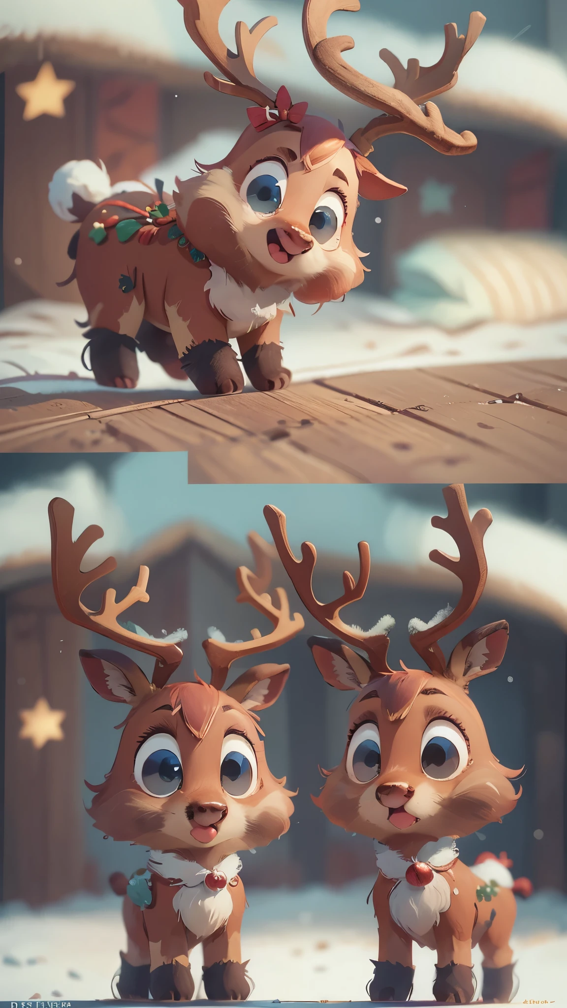 Cute Christmas reindeer,front view,close up, Pixar style, best quality, stills, very cute, big eyes, winter christmas,open mouth,Very happy,high detail,Super details,high quality, masterpiece, precise,