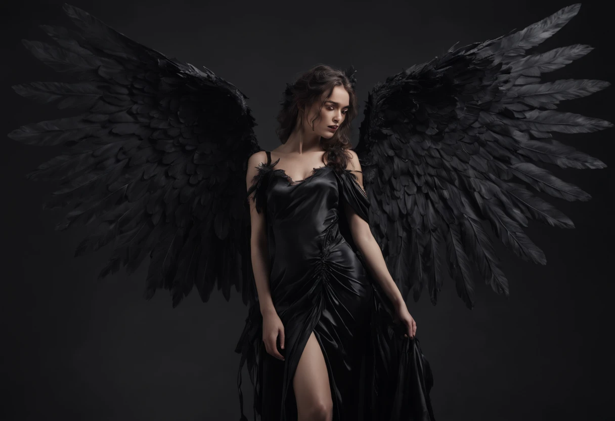 Dark female Cherubim, full figure shot, dressed in black satin, huge and tattered wings, photorelistic, 4k, highly detailed, raw photo, masterpiece,