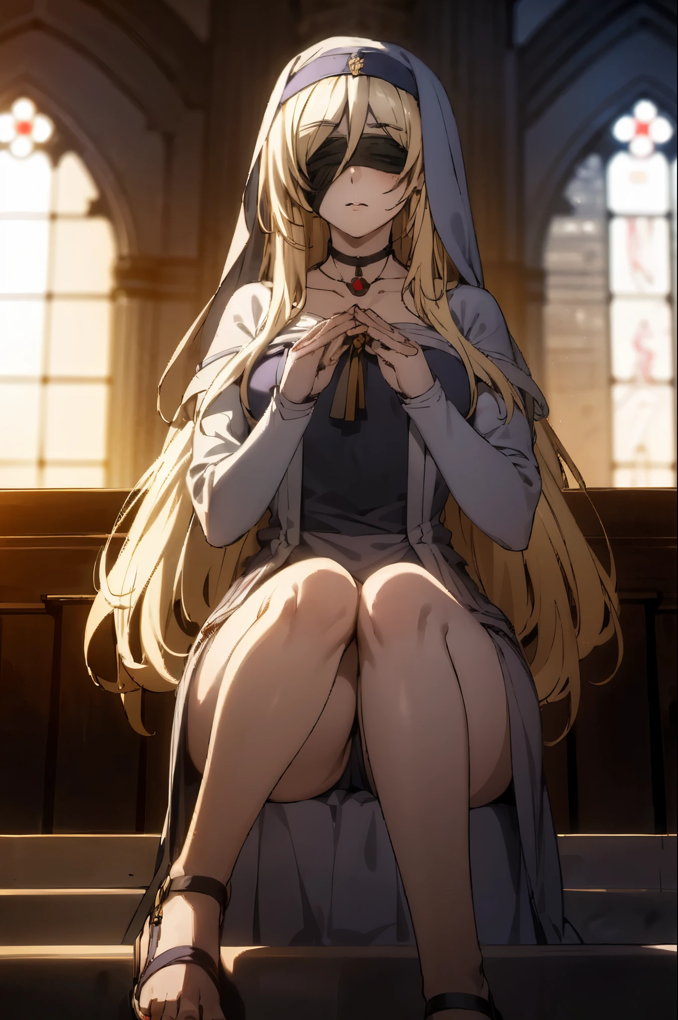1girl,swordmaiden, sword maiden, long hair, blonde hair, blindfold, (black blindfold:1.2),
BREAK dress, necklace, white dress, sandals, habit,thighs ,
BREAK looking at viewer,
BREAK indoors, church,
BREAK (masterpiece:1.2), best quality, high resolution, unity 8k wallpaper, (illustration:0.8), (beautiful detailed eyes:1.6), extremely detailed face, perfect lighting, extremely detailed CG, (perfect hands, perfect anatomy),