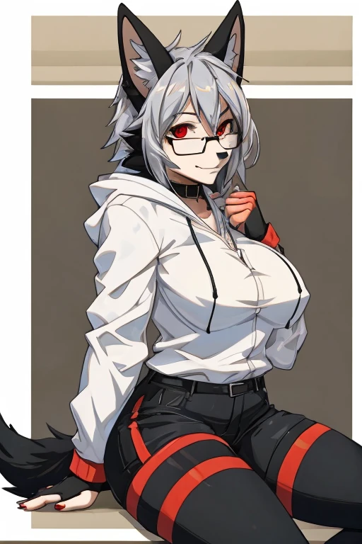 anthropomorphic, female, red eyes, silver hair, wolf, hellhound, (((1girl))), (((white shirt))), (black pants), (red zip up hoodie), (black toeless thigh high socks), full body, cute and sexy, black fur, long legs, smiling, (glasses), big breasts