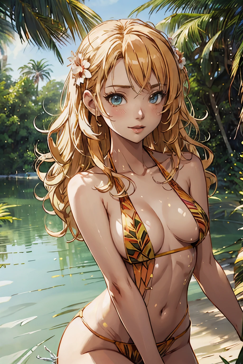 Beautiful Alluring summer taned young island woman, Barely Clothed, patterned mikro bikini, taned skin, athletic body, orange blonde hair, hair ornaments, flowers, at a tropical beach, Beautiful D&D Character Portrait, tropical Fantasy,  tropical theme, Detailed, Digital Art, Extreme Detail, Polished, Beautiful, Hyperdetailed, Intricate, Elaborate, Meticulous, Anime Character, Detailed, Anime Face, Sharp Focus, Unreal Engine, 3d Rendered, Volumetric Lighting, Reflections, Glossy, Digital Illustration, Pose, Suggestive Pose, Full Body Shot, 💖❤💕💋❣