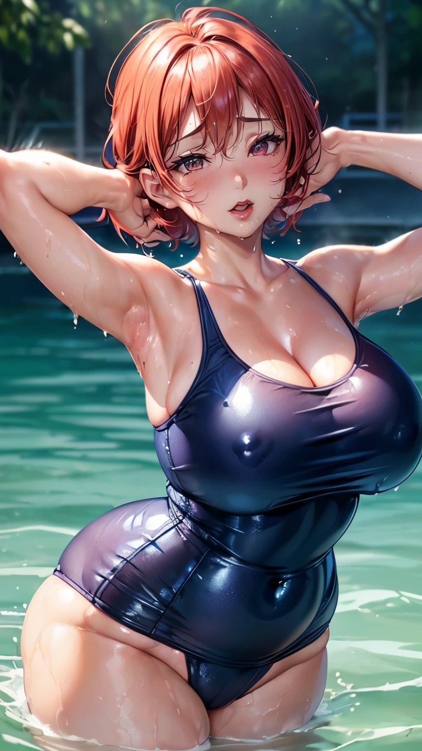korean idol japanese idol gorgeous sister mature woman huge ((A super shiny navy blue school swimsuit that is so shiny that it reflects the light.)) (Round face chubby) ((Plump)) ((Blonde Shorthair)) ((星空と大きな月が美しい海でsea bathing)) sea bathing sweaty ((Copious sweat running down)) ((Sweaty and wet face and body)) ((Bright red rouge plump lips)) ((Eyes meet)) duck mouth ((Moist eyes)) ((Beautiful armpits wet with sweat)) ((Slimy and shiny armpit pussy)) ((腋を見せてくるmature woman)) ((50 years old)) upper_Close-up of body, looking up My cheeks are flushed and I feel embarrassed Watery eye