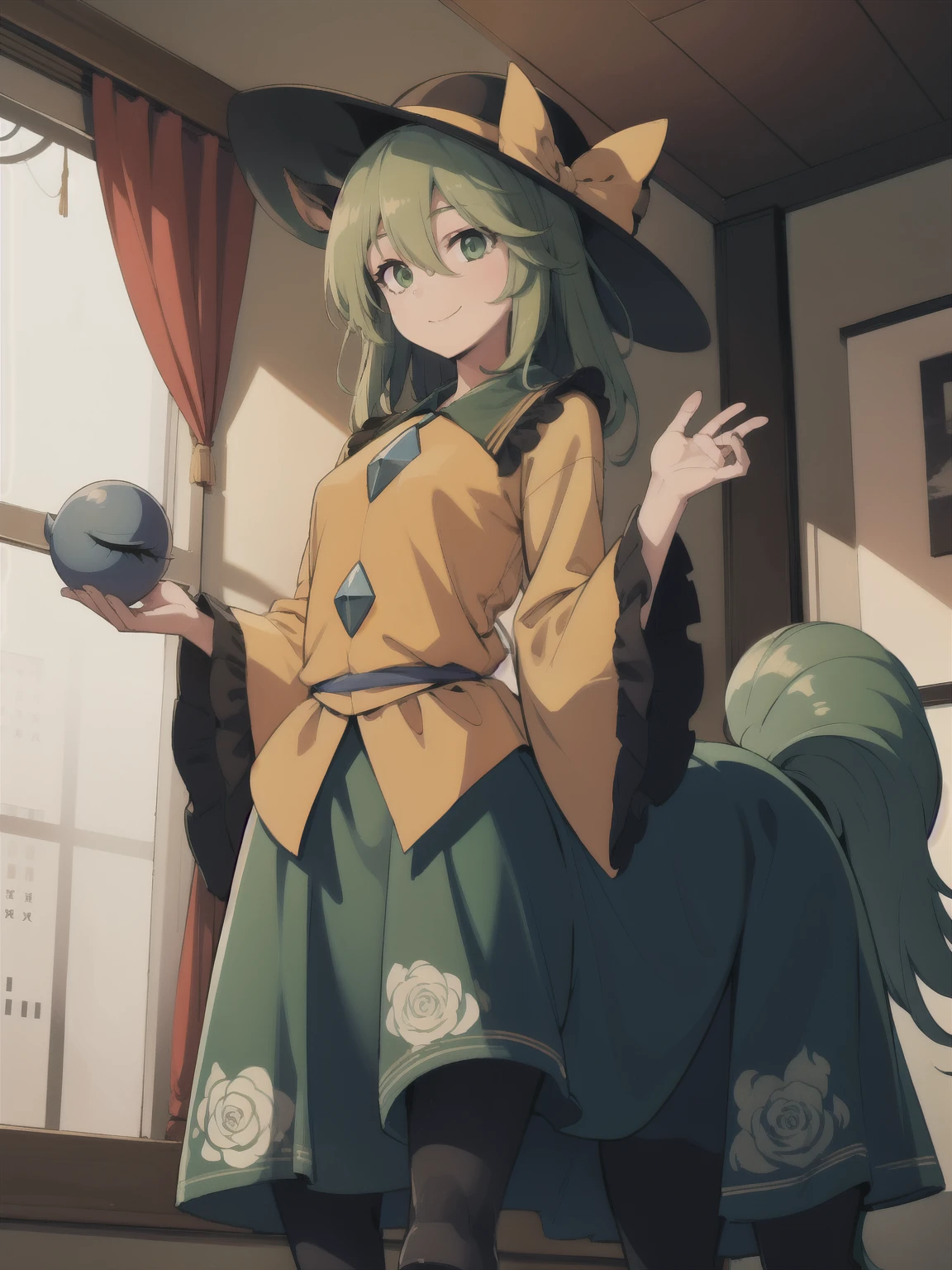 (masterpiece, best quality:1.2), solo, 1girl,(komeiji_koishi_touhou:0.35), komeiji koishi, 1girl, hat,hat bow,green hair,green eyes,yellow shirt,green skirt,long sleeves, wide sleeves, floral print, third eye,eyeball,smile, centaurcpt, (centaur), taur, horse ears, hooves,indoors
