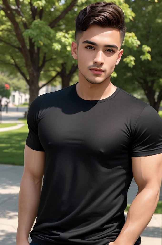 Tony Labrusca, (As a matter of fact, Masterpiece, 8k HD, good light quality, sportswear, fit the face, complicated details), A handsome, muscular young Korean man. , 20 years old, be happy, smile brightly, detailed face, delicate eyes, มองดูsky, Wearing a tight gray t-shirt, period, black eyes, Black hair color, ผมsmooth, smooth, outdoor sports, Along the garden, Sunny,sky，Surreal，Awesome details，Highest quality，real，