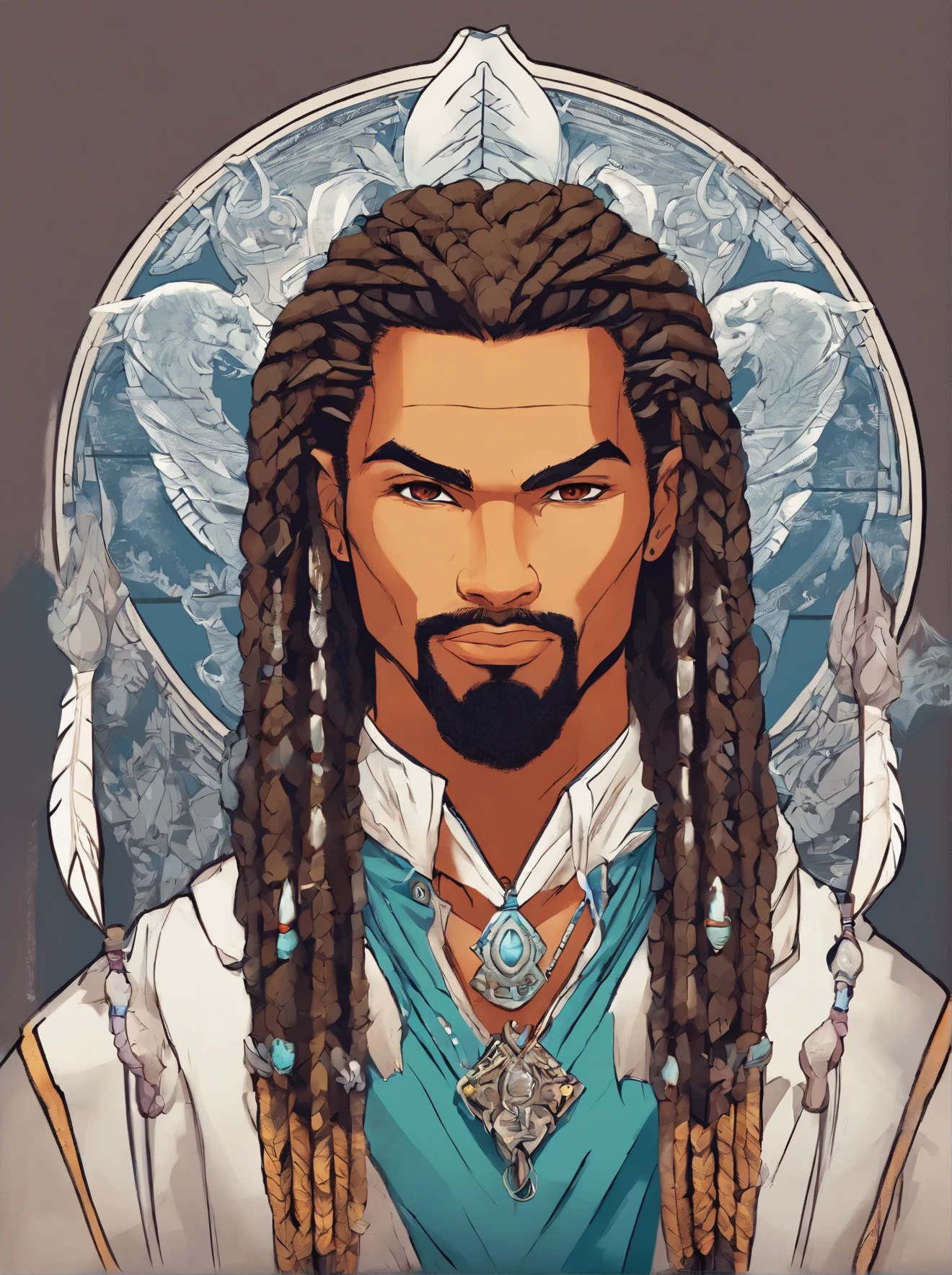 Character is a hybrid scaly, dark-skinned aquatic being, oceano estilo Avatar Ele usa um pingente no meio da testa parecido com cabelos brancos cortados de lado, rastafari, perfect afro braided hair, has very long braids ,with the moon we have is made of crystal, a warrior wearing traditional attire with spear and shield, recursos, man with long braided hair and collection of small animal skulls as necklace Full body view, plano completo, vista frontal, vista traseira, design de personagem, multiple views and poses, Multiple points of view, de um personagem, corpo inteiro, personagem com menos, estilo de roupa, no mesmo penteado, less Type of footwear, .4K, HD, Ultra: (melhor qualidade, com cabelo de cor diferente e pele de cor diferente e pele de cor diferente e pele de cor diferente e com uma arma
