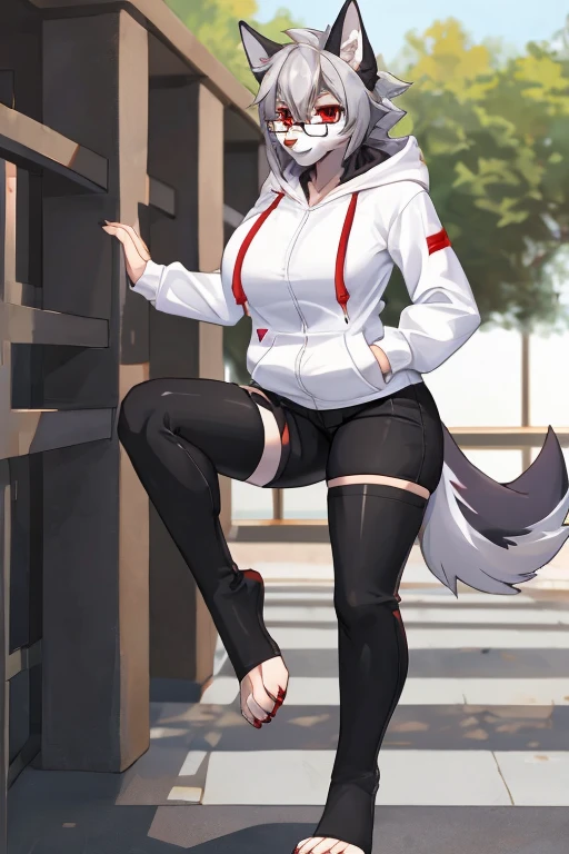 anthropomorphic, female, red eyes, silver hair, wolf, hellhound, (((1girl))), (((white shirt))), (black pants), (red zip up hoodie), (black toeless thigh high socks), full body, cute and sexy, black fur, long legs, smiling, (glasses), big breasts
