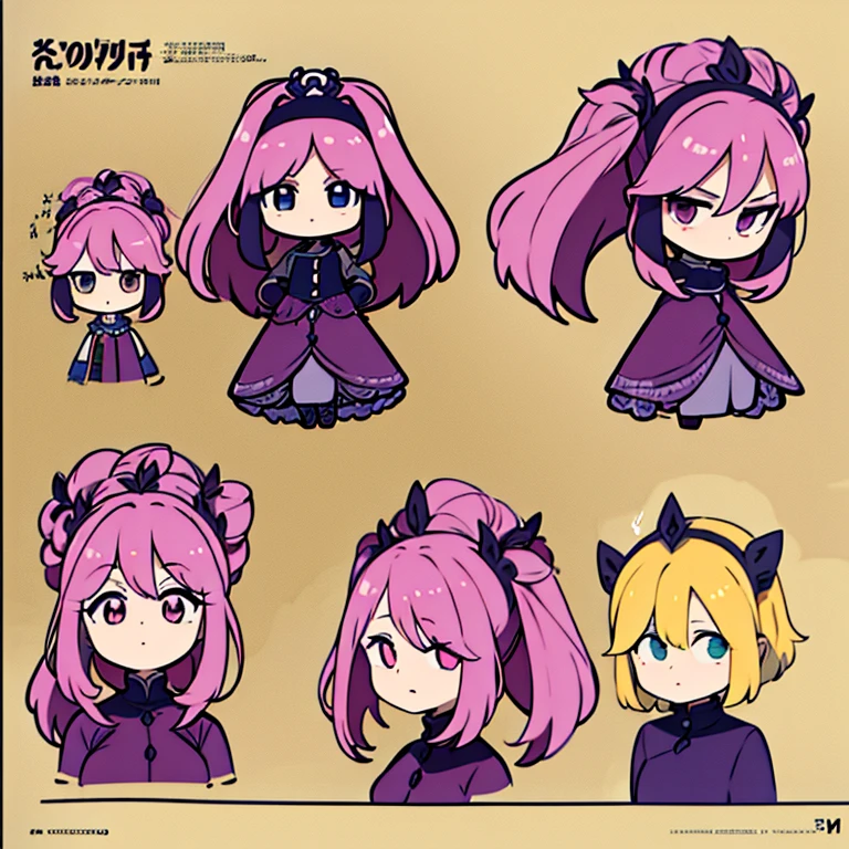 Personagem feminino,cabelo longo,cheio e ondulado de cor castanho escuro, seus olhos castanhos escuro, cor da pele parda, in anime version, de cores das veste branca, with pink and lilac details, em desenho flores, uma personagem feminina estilo anime e uma mestra de bombas Model sheet.