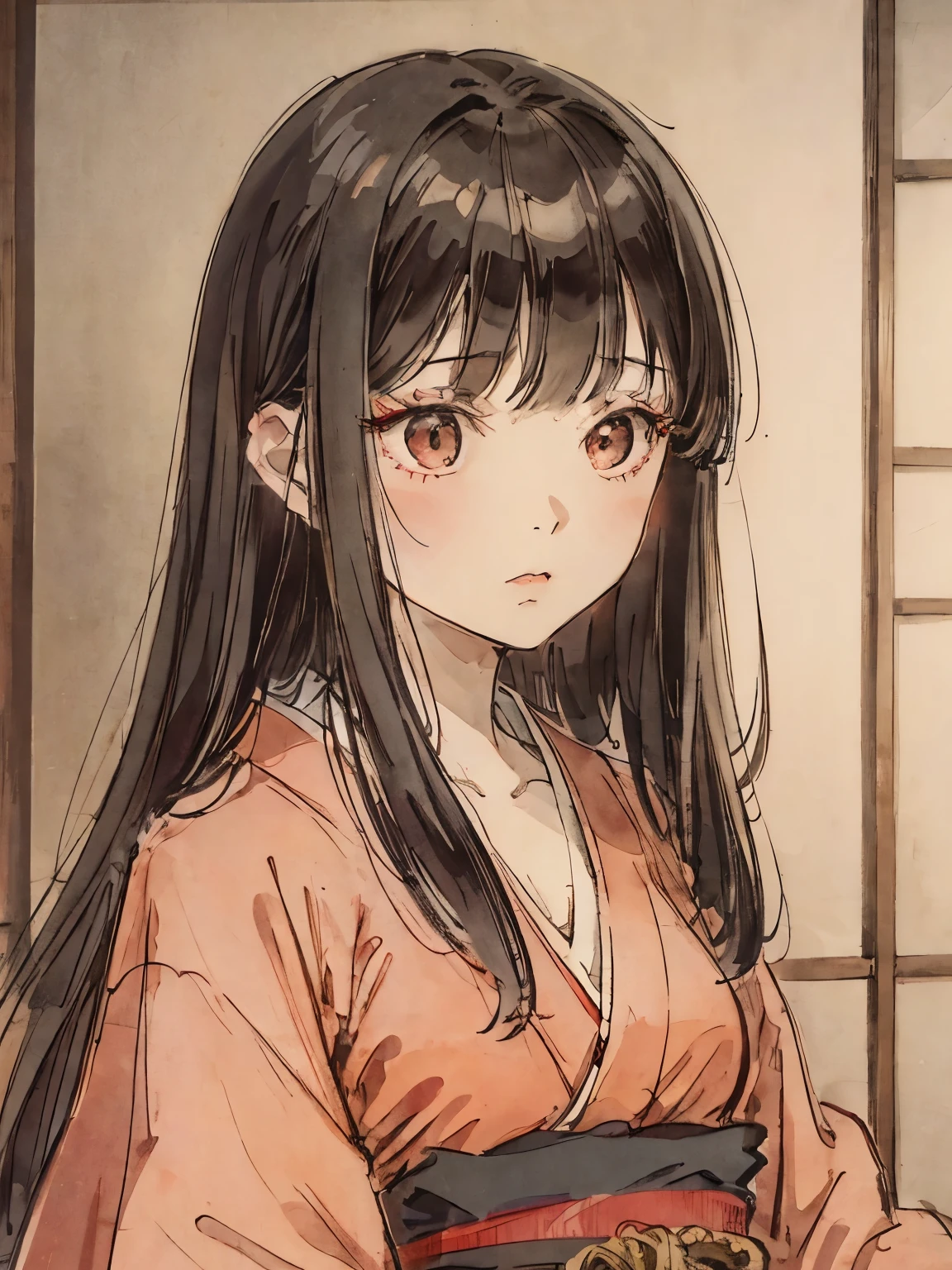 A girl wearing a red kimono like a Japanese doll、long black hair、bangs bangs、upper body close-up、dark lighting、coat、shoji、Japanese style hallway、horror film、face forward、old japanese hairstyle、total darkness、gentle expression