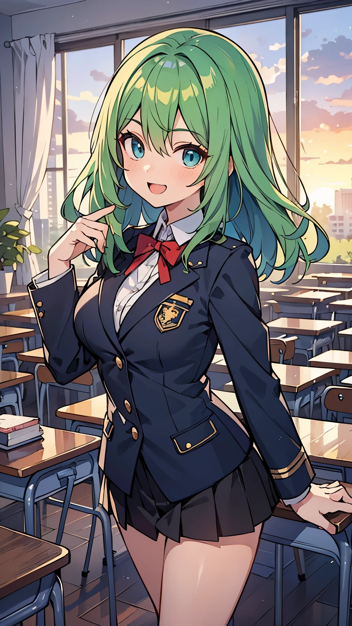 ((Pretty High School girl with green hair and blue eyes)), ((wearing black blazer uniform)), red ribbon, face, ((master piece, top-quality, ultra-definition, high resolution)), anime girl, ((ultra-detailed illust:1.2)), only one person, bangs, hair between eye, beautiful hair, Shiny eyes, Medium breasts, Big smile, opened mouth, in the classroom, at dusk, sunset