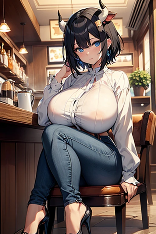 ((Anime Art Style)),(masterpiece),(Best Quality), (Super Detail),(Highly detailed CG Unity 8k wallpaper),((Very delicate and beautiful)),(Full body portrait),((mature woman)), ((black hair)), ((short hair)), (Gigantic Breasts), (thick woman) , monster girl, cow girl, ((cow horns)), (((white horns))), ((cow ears)), inhuman ears, ((cow tail)), black tail, tail hanging low, ((Blue Eyes)),expressive eyes, ((perfect blue eyes)), ((detailed eyes)), perfect face, white skin, hard nipples, ((beautiful modest blouse)), ((closed up blouse)), ((high heels)), ((comfy jeans)), ((sitting in a chair)), (((cafe bar))), SFW, NO CLEAVAGE