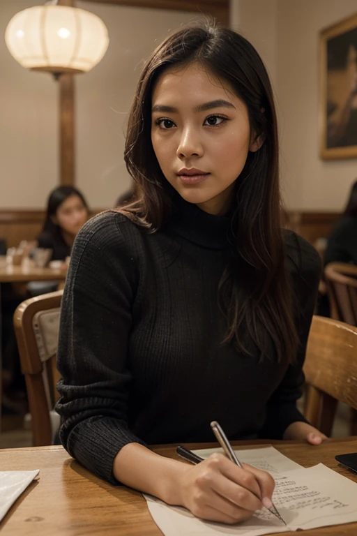 Intricately detailed gongbi painting of a beautiful woman sitting at a restaurant table, dressed in a light amber and silver black sweater. Her face exudes serenity and beauty that leaves one in awe, unable to believe the masterful artistry before their eyes. Animated gifs bring the painting to life, capturing the subtle expressions and movements of her traditionally Vietnamese features. Delicate modeling and intricate brushstrokes highlight every curve and contour of her face, accentuating her captivating beauty. The rich colors and fine details make this a true masterpiece that evokes a sense of tranquility and wonder.