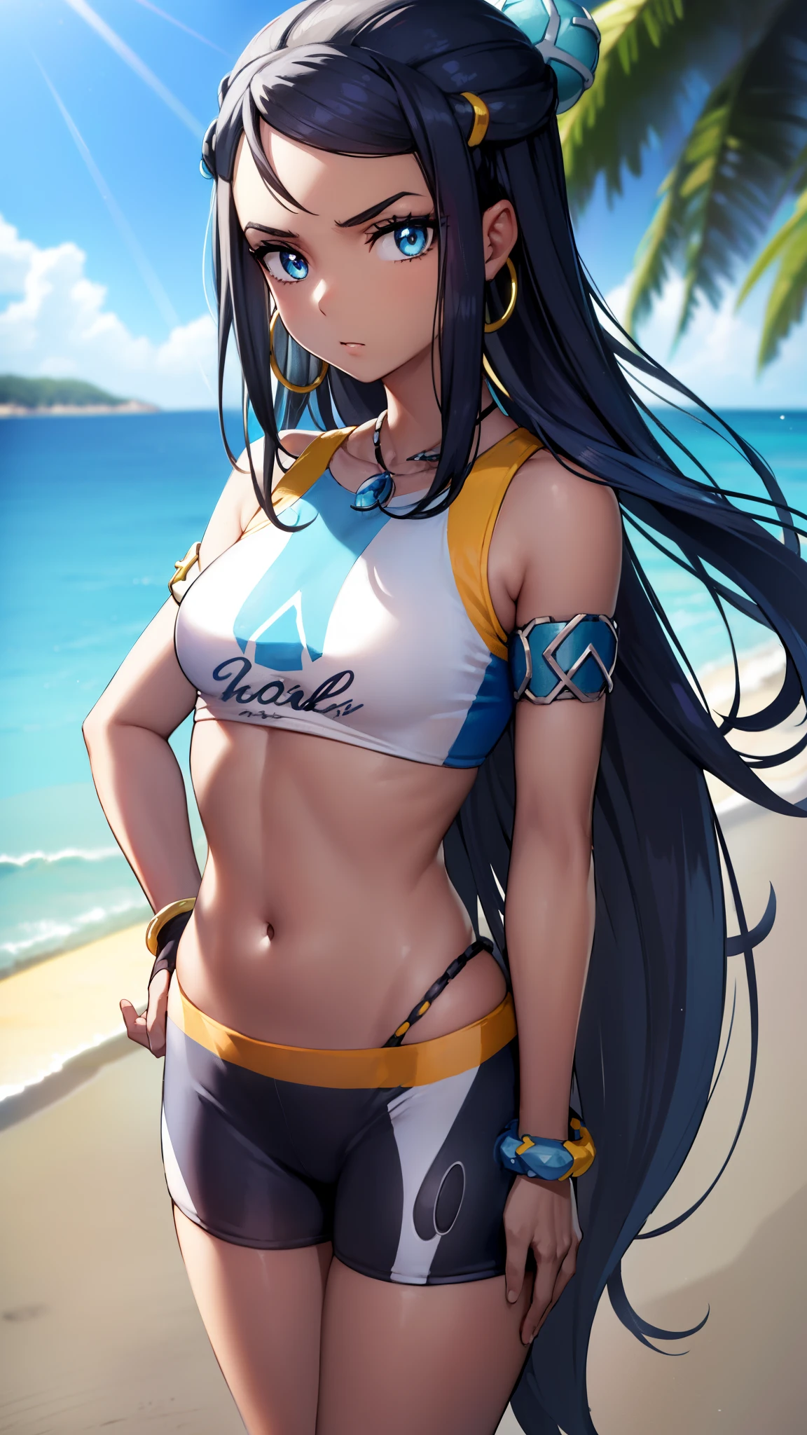 pokemon nessa, pokemon nessa, aqua eye, eye shadow, black skin, (浅black skinの女性:1.5), bun hair, hair ornaments, compensate, long hair, side lock, single bun hair, thick eyebrows, black hair, aqua hair, striped hair,
break armlet, bare arms, belly chain, bike shorts, bikini, crop top, earrings, gloves, half gloves, hoop earrings, jewelry, abdomen, belly button, necklace, short shorts, shorts, swimsuit, tankini,
break looking at viewer, (Upper body:1.2),
break outdoors, city, null, sun,
break (masterpiece:1.2), highest quality, High resolution, unity 8k wallpaper, (figure:0.8), (beautiful and fine eyes:1.6), highly detailed face, perfect lighting, Very detailed CG, (perfect hands, perfect anatomy),