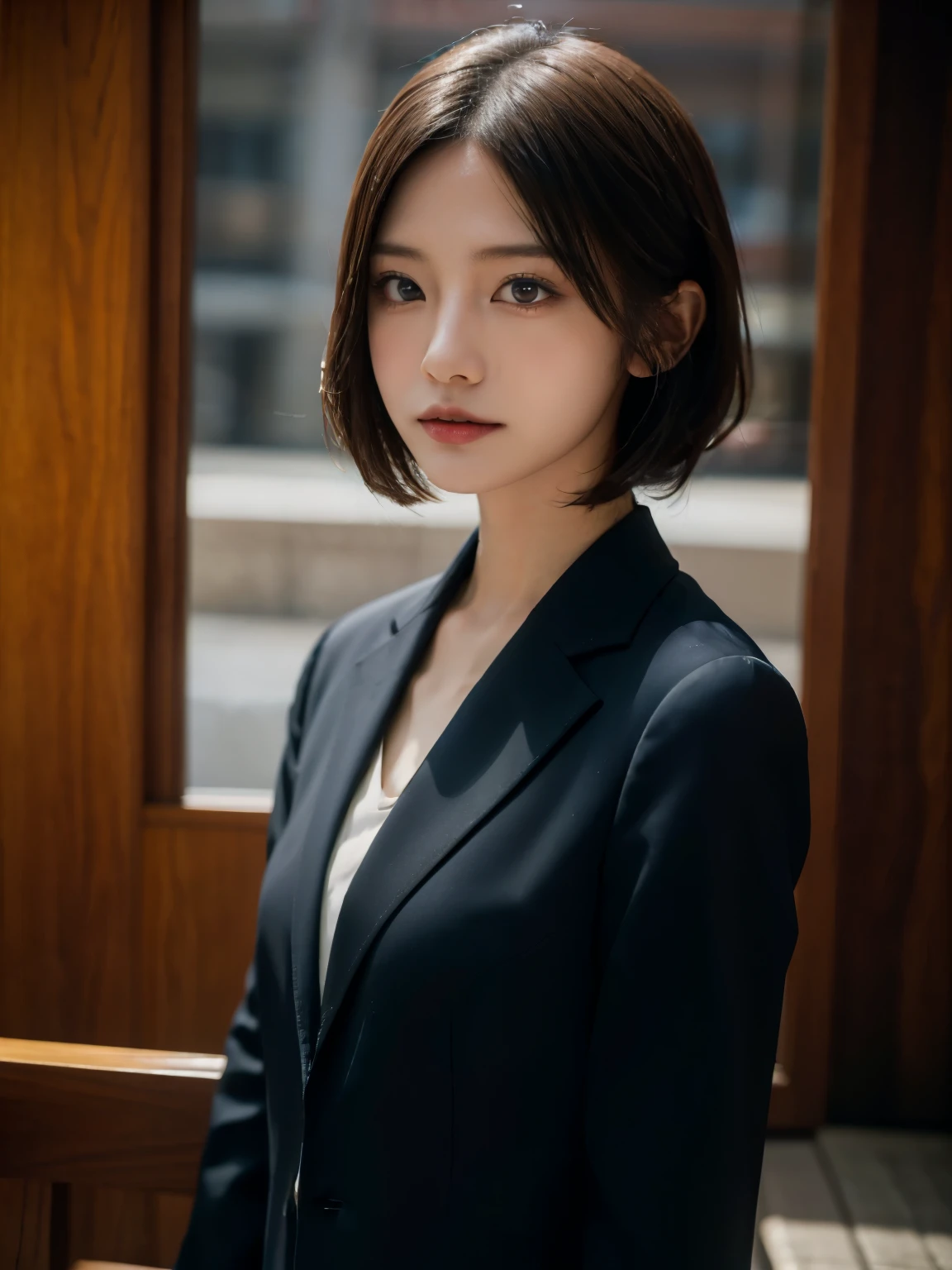 office of、Portrait of a woman in a business suit, highest quality、hyper hd、Yoshitomo Nara, japanese model, beautiful japanese girl, with short hair, 27 years old女性モデル, 4k ], 4K], 27 years old, sakimichan, sakimichan