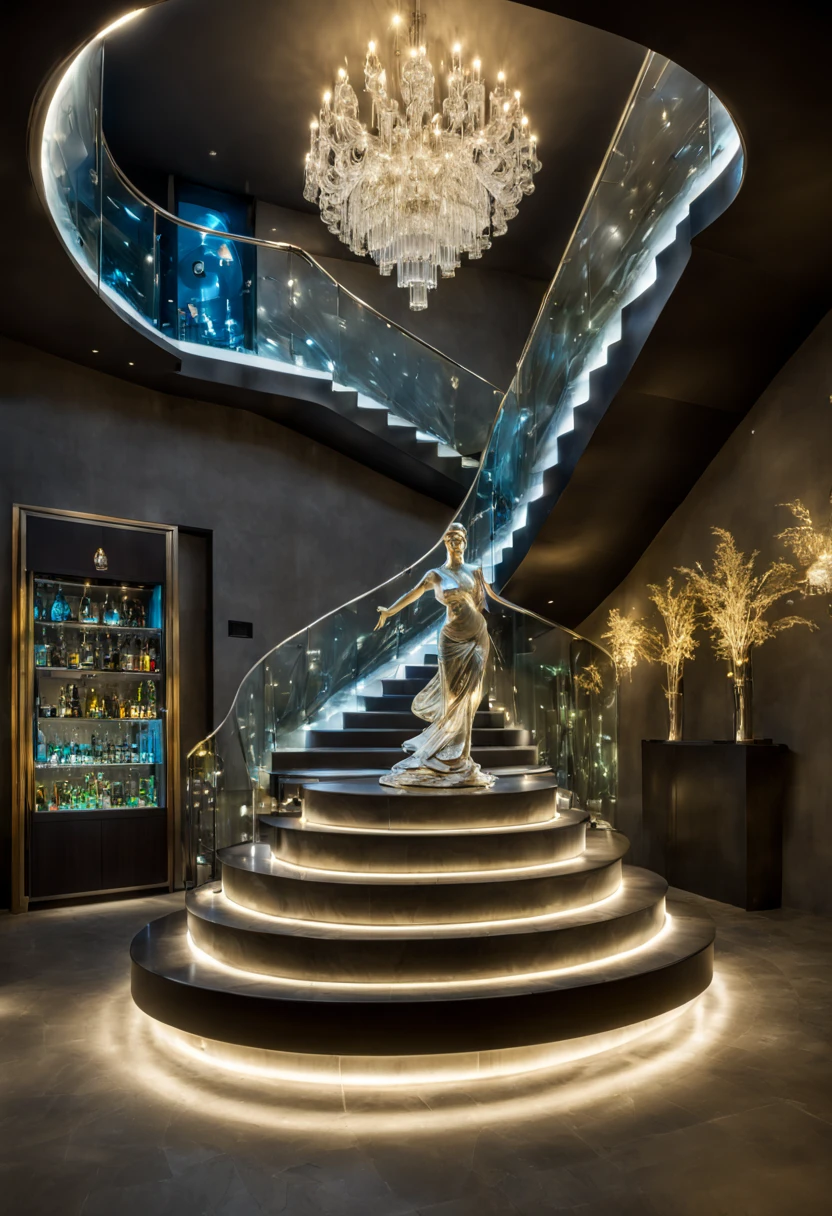 Basement VIP lounge area.Premium bar.通往地下室的stairs.arafed stairs with a woman walking up it and a large window, Abstract sculpture inspired by Zaha Hadid, interest, concept art, Decoration and fluidity, large translucent art statues, glasssculpture, realistic glasssculpture, elegant lighting, statue made of glass, stairs, stunning light, extremely beautiful lighting, liquid sculpture, stunning lighting, Interesting lighting,