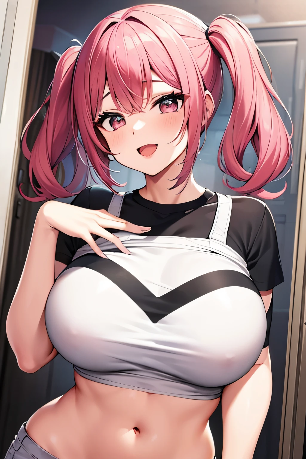 Beautiful girl, smiling with open mouth, pink hair, short twintails, white shirt, shorts, stomach exposed, big breasts,