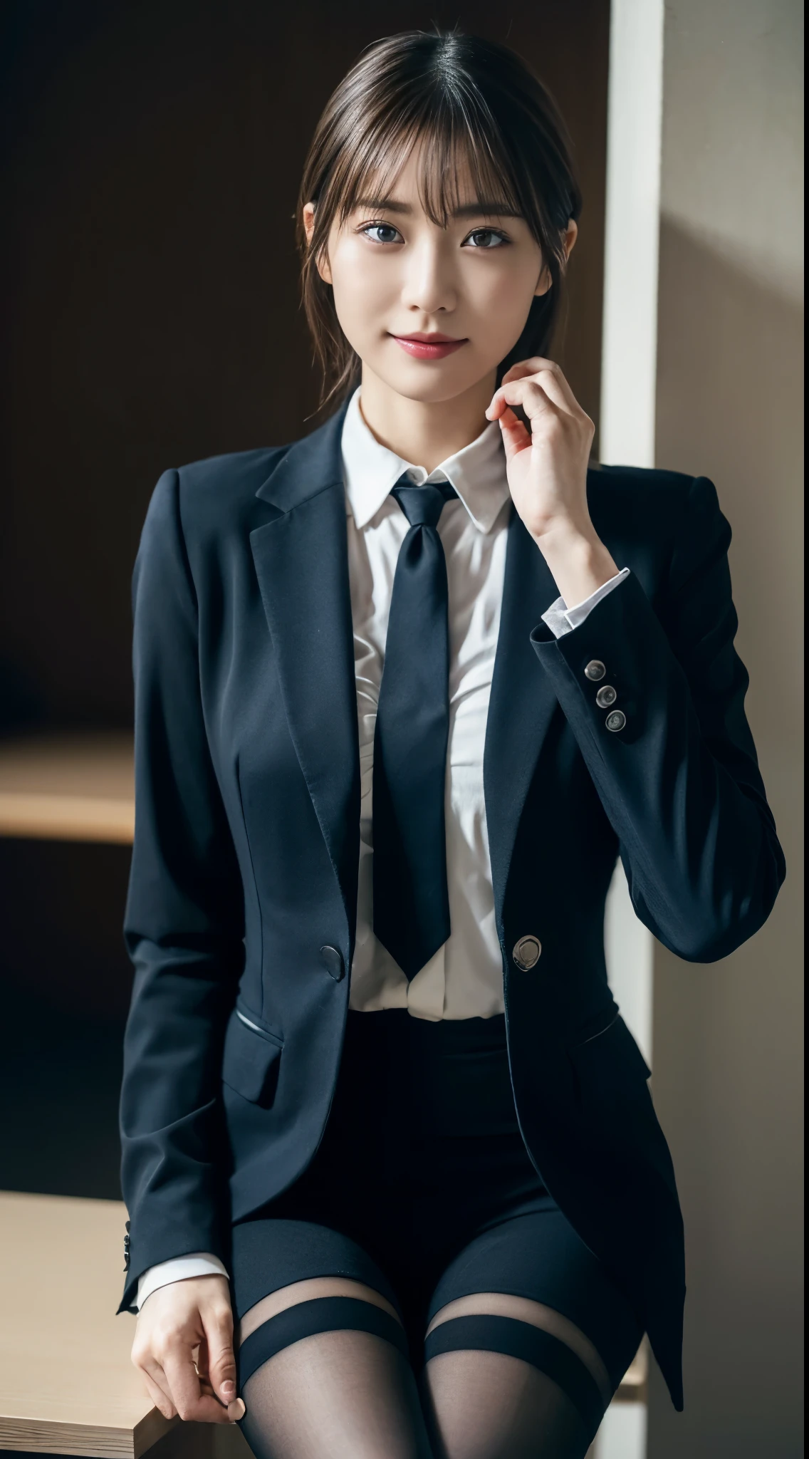 白いbusiness suitを着た優雅な女性,  (beautiful feet、thighs thighs thighs、black pantyhose)、sitting at the desk、厳格な白いbusiness suitを着て, luxury suit, girl in a suit, girl in a suit, in a strict suit, elegant suit, ekaterina, business suitを着て, business suit,　business suitを着ている, smile、Ready for a meeting、(Photoreal:1.4)、(Masseter muscle part:1.3)、 (intricate details:1.2), (clear pictures)、RAW photo, (highest quality, masterpiece:1.2),(intricate details:1.4),(octane rendering, 複雑な 3D レンダリングのSuper detailed, studio light, crisp lighting, vivid details, Super detailed, realistic skin texture, details face, beautiful detailed eyes, Highly detailed CG Unity 16k wallpaper, compensate, (detailed background:1.2), shiny skin、