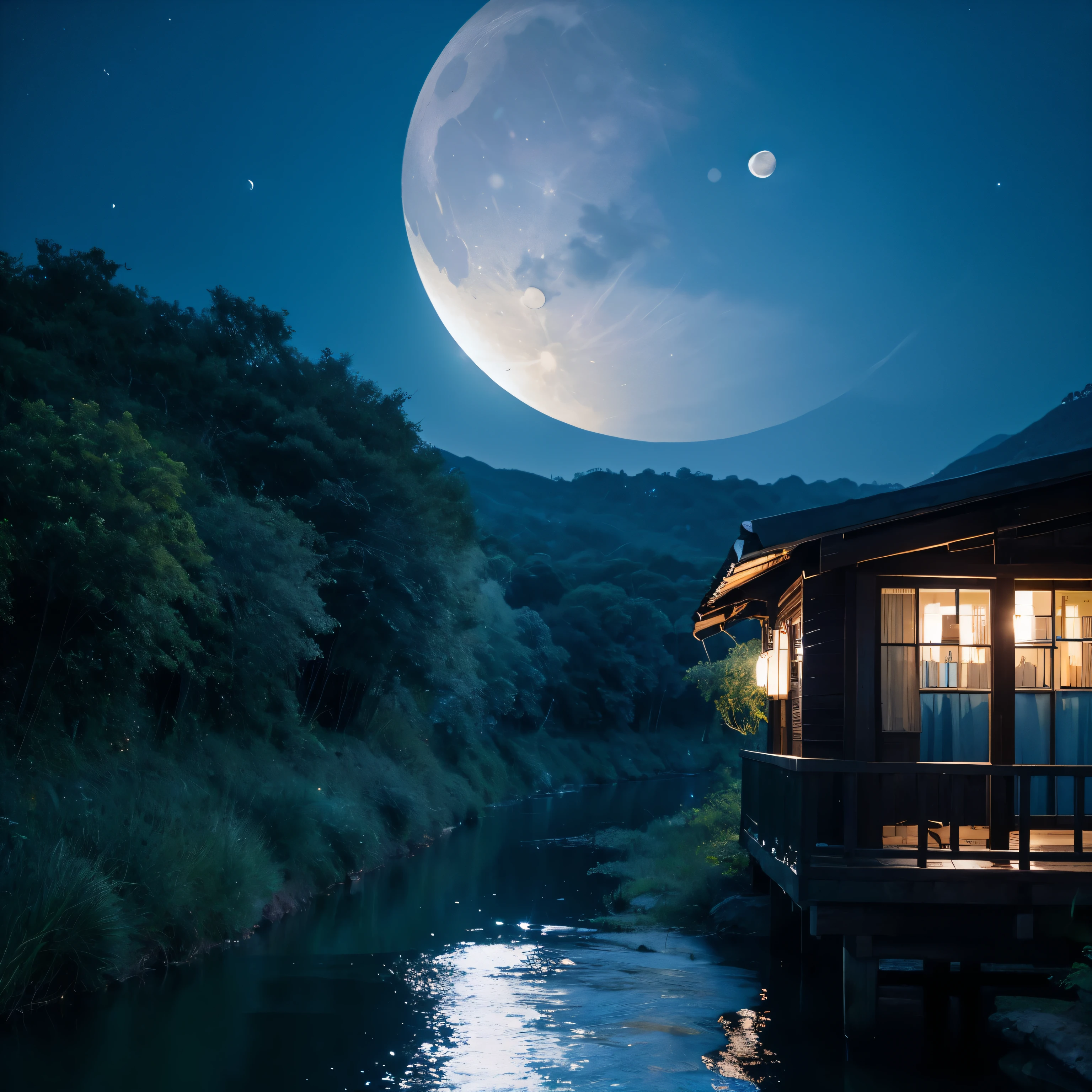 Light Blue mountains, a river between Village, river water shine in moonlight,evening time , a beautiful young girl watching the moon her house window,blue colour, moon, star , realistic image.