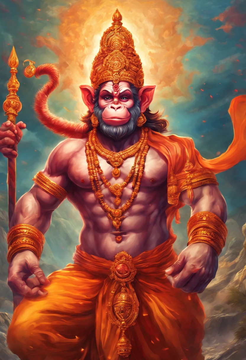 (best quality,realistic highres,divine light,vibrant colors:1.2),Hindu God Hanuman in saffron clothes,monkey head,powerful human, happy face, epic mace, The art style takes inspiration from Ramayana and Hinduism, camera angle is a dynamic high angle, capturing the Hanuman's dominance over the fiery terrain. The render style is a fusion of fantasy and hyper-realism, evoking a sense of epic grandeur and danger, (((masterpiece)))