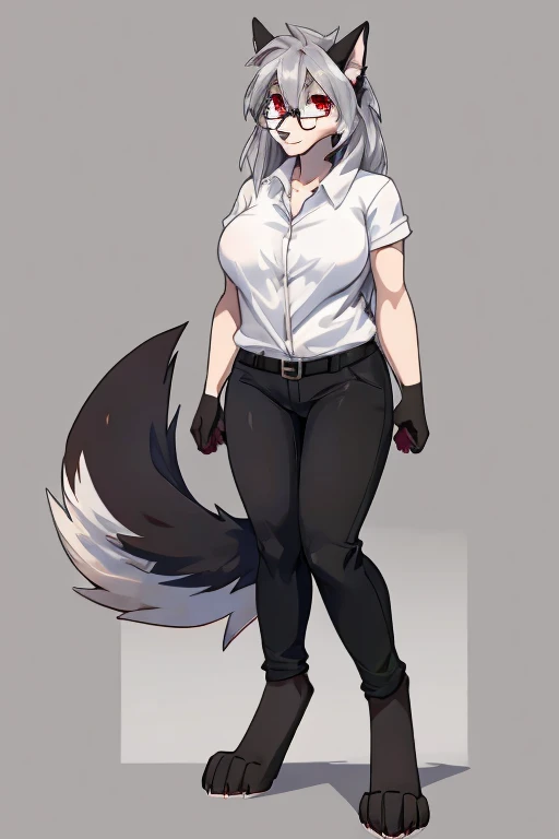 anthropomorphic, female, red eyes, silver hair, wolf, hellhound, (((1girl))), (((white shirt))), (black pants), full body, cute and sexy, black fur, long digitigrade legs, smiling, (glasses), big breasts