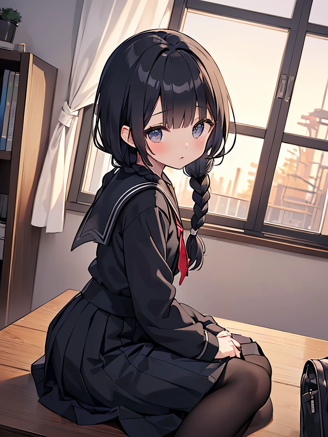 最high quality、A woman is floating in the air with tentacles、best image quality、masterpiece、realistic skin、NSFW:1.2、cute 、Japan Teenager Woman、((18-year-old、black hair、Braid、Schoolの制服、black long skirt、Expressionless）high quality、、With background((School、evening、window、Darkening))、elaborate design、visual art、high contract、best lighting、most detailed、cinematic angle、perfect lighting、Perfect dissection、 anime style、official art