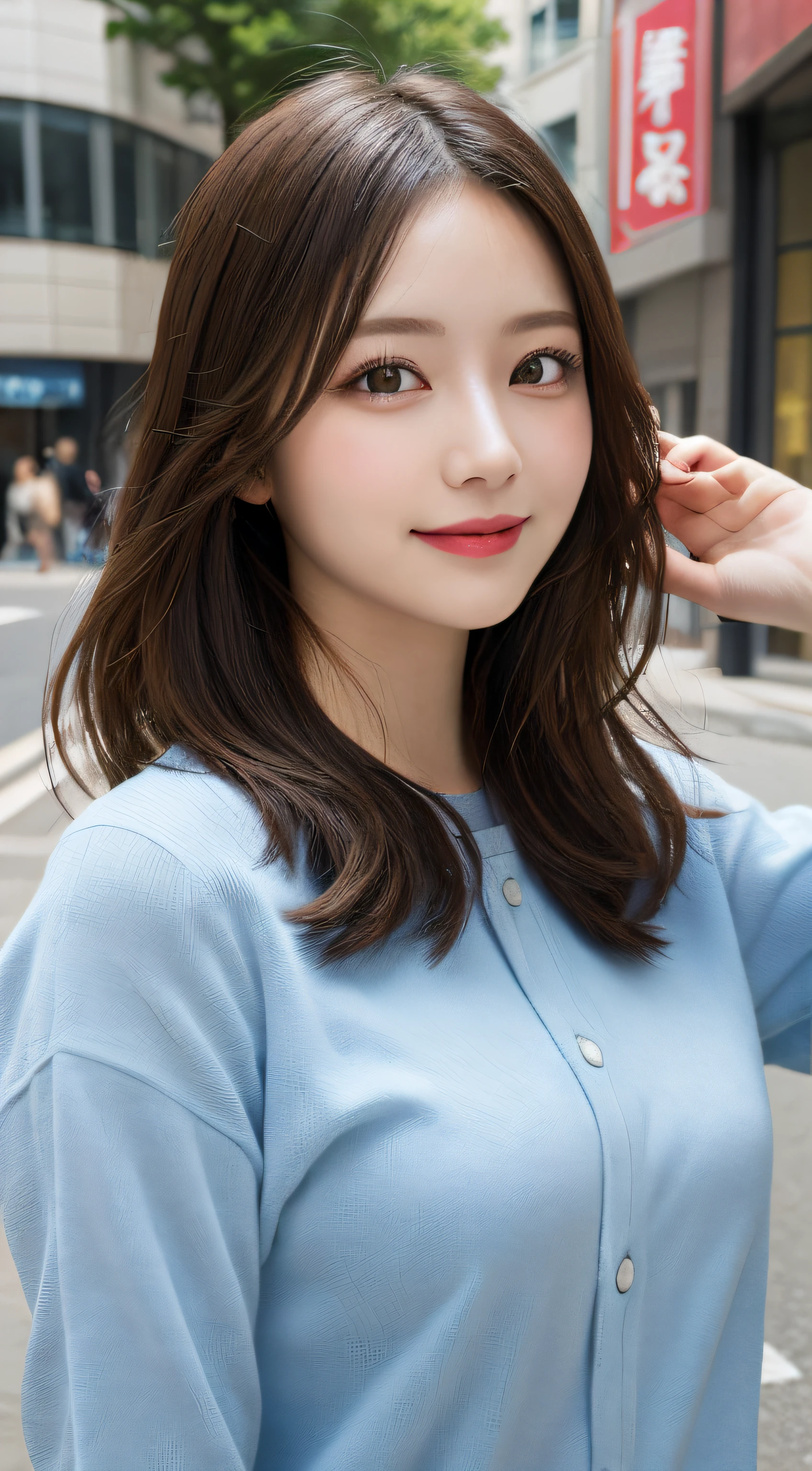 masutepiece, Best Quality, Illustration, Ultra-detailed, finely detail, hight resolution, 8K Wallpaper, Perfect dynamic composition, Beautiful detailed eyes, doress,Medium Hair, Big are visible, Natural Color Lip, Random and sexy poses,Smile,Aoyama Street Walk、20 years girl