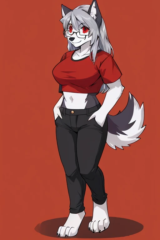 anthropomorphic, female, red eyes, silver hair, wolf, hellhound, (((1girl))), (((red cropped t-shirt))), (black pants), full body, cute and sexy, black fur, long digitigrade legs, smiling, (glasses), big breasts