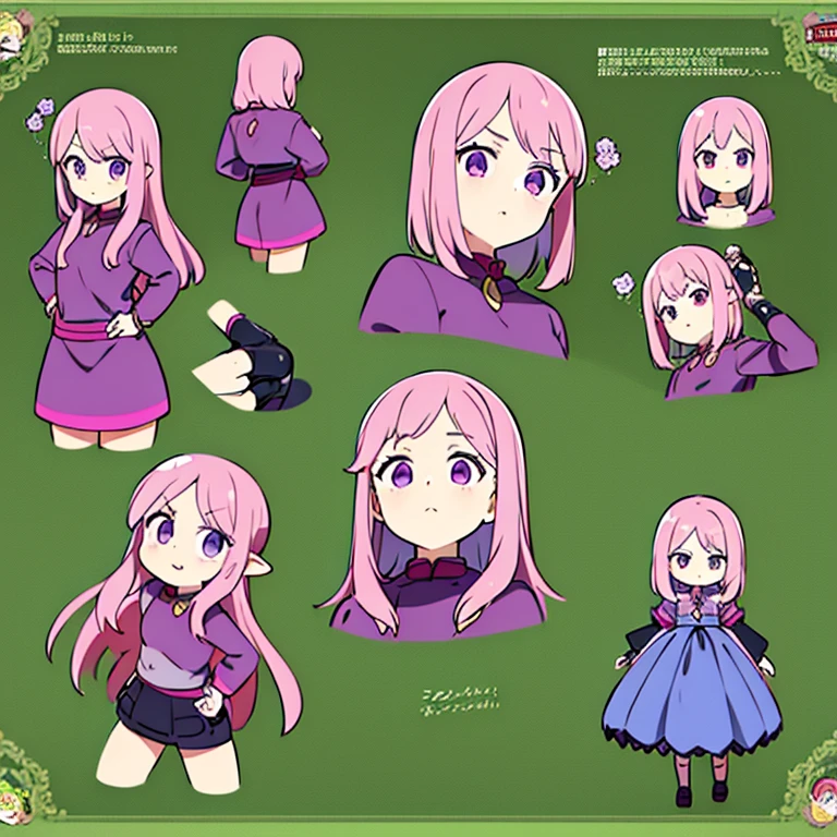 Personagem feminino,cabelo longo,cheio e ondulado de cor castanho escuro, seus olhos castanhos escuro, cor da pele parda, in anime version, de cores das veste branca, with pink and lilac details, em desenho flores, uma personagem feminina estilo anime e uma mestra de bombas Model sheet.