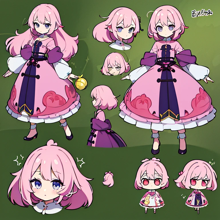 Personagem feminino,cabelo longo,cheio e ondulado de cor castanho escuro, seus olhos castanhos escuro, cor da pele parda, in anime version, de cores das veste branca, with pink and lilac details, em desenho flores, uma personagem feminina estilo anime e uma mestra de bombas Model sheet.
