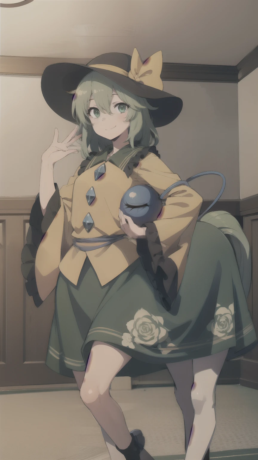 (masterpiece, best quality:1.2), solo, 1girl,(komeiji_koishi_touhou:0.35), komeiji koishi, 1girl, hat,hat bow,green hair,green eyes,yellow shirt,green skirt,long sleeves, wide sleeves, floral print, third eye,eyeball,smile, centaurcpt, (centaur), taur, horse ears, hooves,indoors