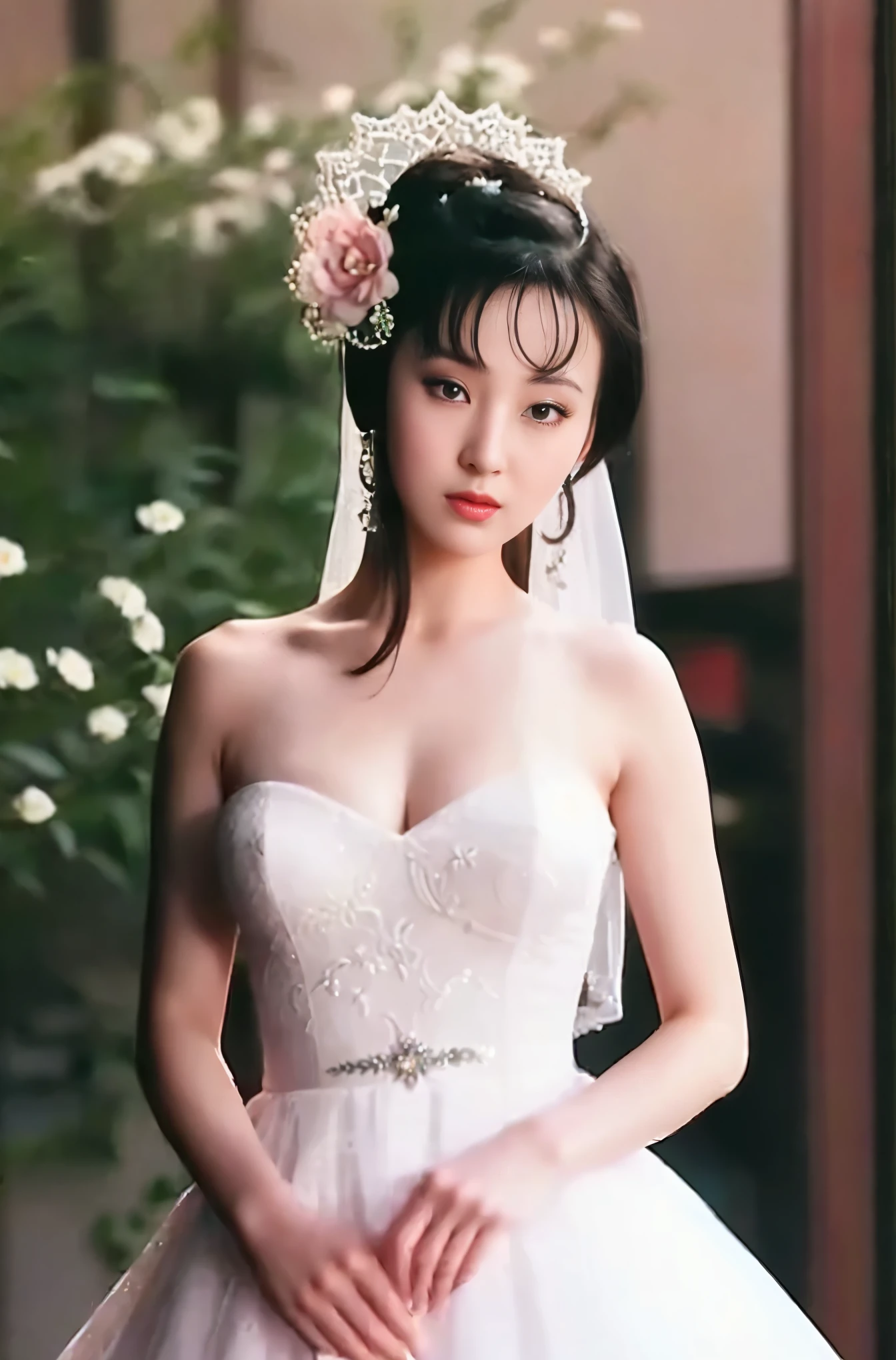 A gentle and charming Chinese beauty, Perfect body，long hair，(huge breasts：1.2)，charming face, double eyelids, delicate eyes, pink lips, nose,  perfect face，ultra high definition, Super details, Graceful standing,(Sexy wedding dress)，high quality，high resolution，high-definition，cowboy shots，Half body，outdoor