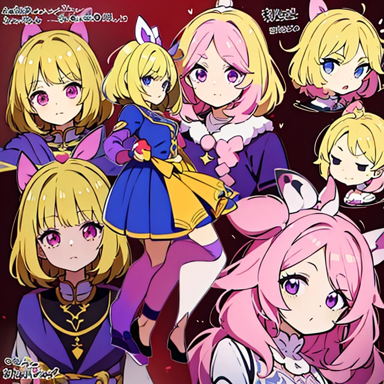 Personagem feminino,cabelo longo,cheio e ondulado de cor castanho escuro, seus olhos castanhos escuro, cor da pele parda, in anime version, de cores das veste branca, with pink and lilac details, em desenho flores, uma personagem feminina estilo anime e uma mestra de bombas Model sheet.