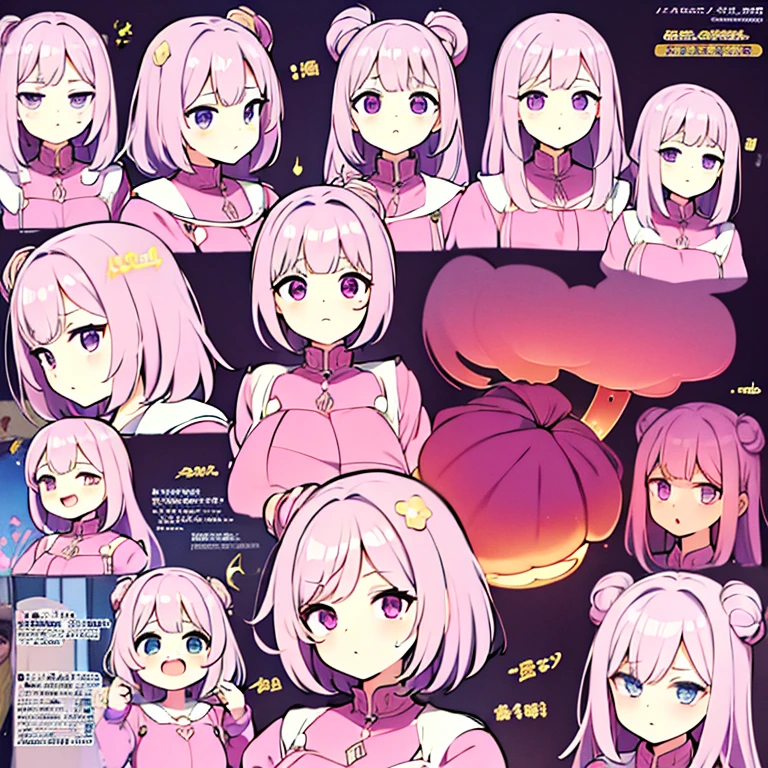 Personagem feminino,cabelo longo,cheio e ondulado de cor castanho escuro, seus olhos castanhos escuro, cor da pele parda, in anime version, de cores das veste branca, with pink and lilac details, em desenho flores, uma personagem feminina estilo anime e uma mestra de bombas Model sheet.