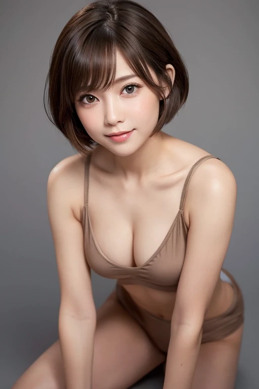 Echiechi, Constricted body, Rumor, adult woman, 30 generations, beautiful detailed eyes, short bob hair, best quality, masterpiece, Layer Bob Hair, Moist eyes, Pixie Cut, Awesome pose, long eyes, brown eyes, brown eyes, smile, smiling, real, glossy lips, Chubby lips, Japanese, natural makeup, Kaede Fua, small ass, slender face, professional lighting, cowboy shot, 8 heads and bodies, Selfie, Menes, baby doll, simple background, beautiful decolletage, from above, 