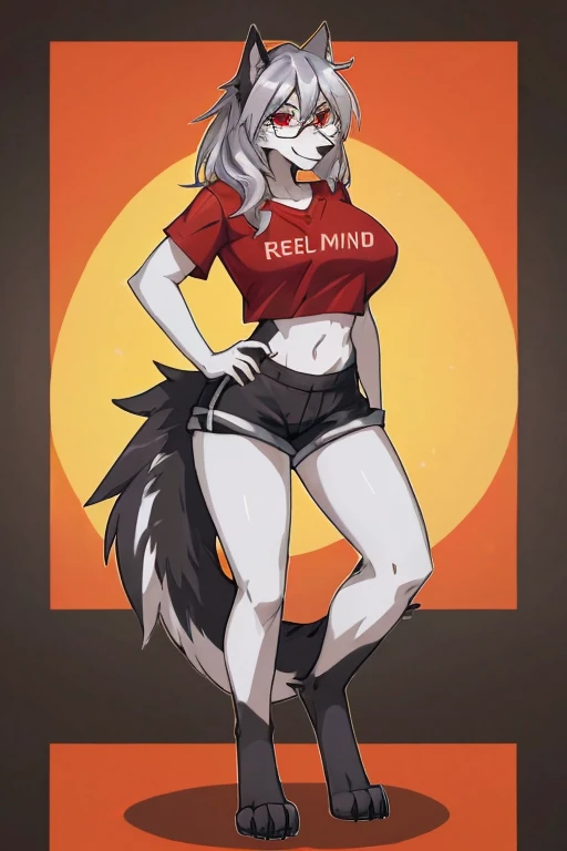 anthropomorphic, female, red eyes, silver hair, wolf, hellhound, (((1girl))), (((red cropped t-shirt))), (black short shorts), full body, cute and sexy, black fur, long digitigrade legs, smiling, (glasses), big breasts