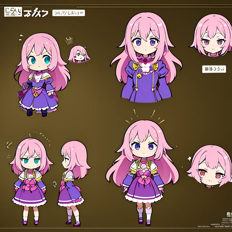 Personagem feminino,cabelo longo,cheio e ondulado de cor castanho escuro, seus olhos castanhos escuro, cor da pele parda, in anime version, de cores das veste branca, with pink and lilac details, em desenho flores, uma personagem feminina estilo anime e uma mestra de bombas Model sheet.