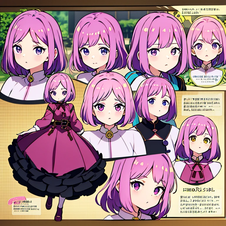 Personagem feminino,cabelo longo,cheio e ondulado de cor castanho escuro, seus olhos castanhos escuro, cor da pele parda, in anime version, de cores das veste branca, with pink and lilac details, em desenho flores, uma personagem feminina estilo anime e uma mestra de bombas Model sheet.