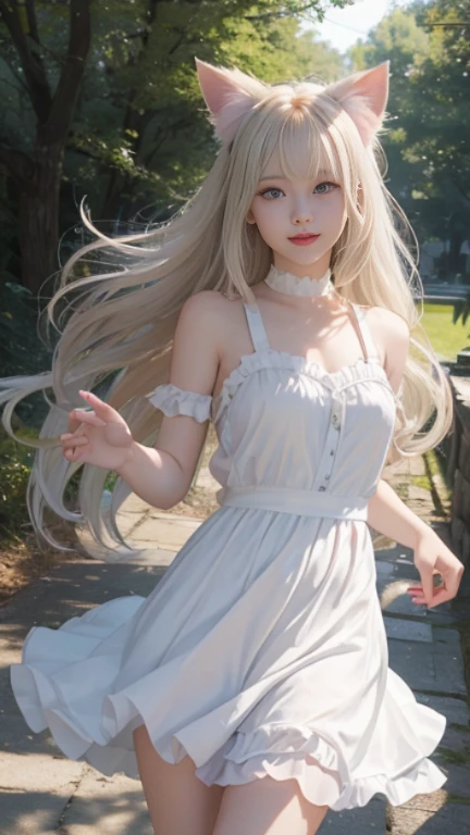 full body, laugh together, bright look、photorealism、highest quality、ultra high resolution、photograph、絶妙に美しい北欧生まれの女の子のphotograph、extraordinary beautiful girl、Detailed cute and beautiful face、(Pure Eros Face_v1:0.008)、beautiful bangs、alice in wonderland、18-year-old、glowing white shiny skin、Flow of hair that extends to the face、bangs between the eyes、super long hair、Attractive light and dark platinum blonde super long straight silky hair、thin hair、Charming shining beautiful bright clear light blue big eyes、white apron、yellow dress、eyeliner、double eyelids、rich bust、two girls、cat ears、great laugh togetherter、short skirt、White lace underskirt、pink panties、